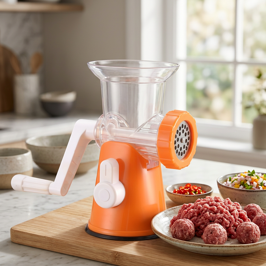 Hachoir à viande manuel à ventouse, orange, résultat obtenu