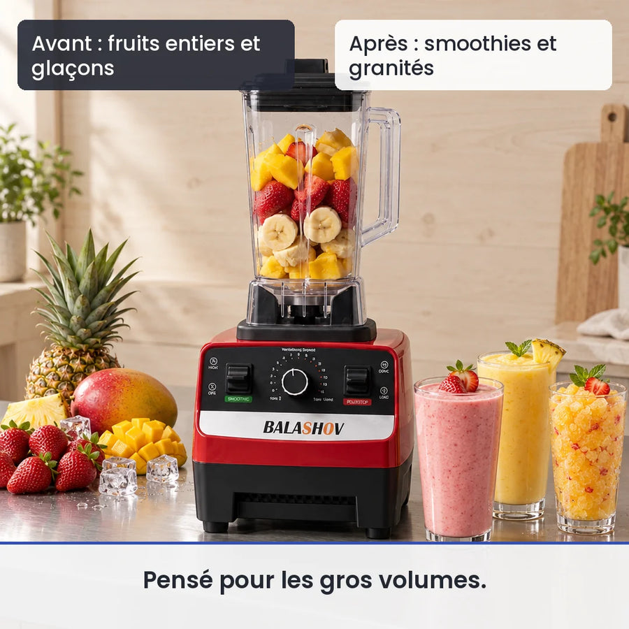 Avant/après avec le hachoir professionnel double 2000W : fruits entiers et glaçons, puis smoothies et granités