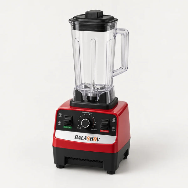 Blender professionnel BALASHOV 2000W rouge et noir à grand bol transparent de 2 L, vu en plongée sur fond blanc cassé