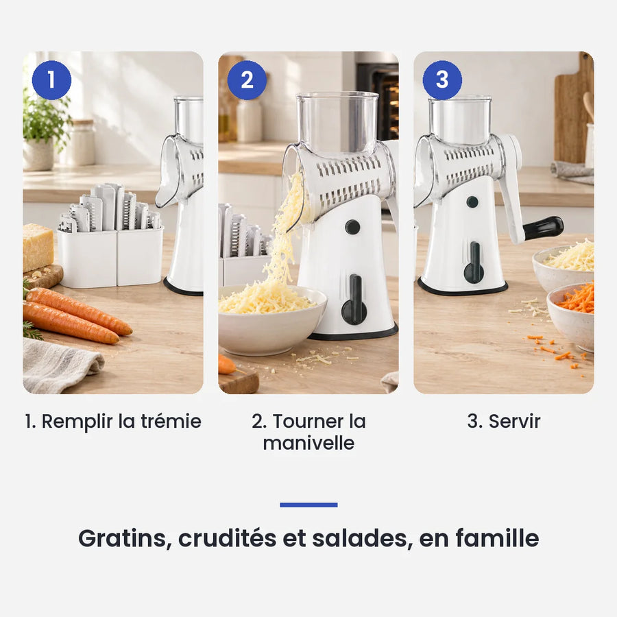 Comment utiliser le hachoir légume rotatif 3 en 1 blanc à manivelle en 3 étapes : remplir la trémie, tourner la manivelle