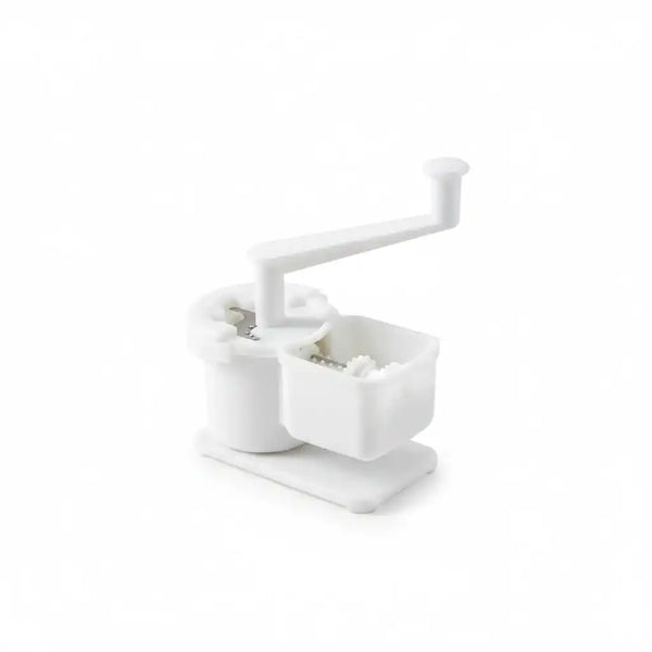 Hachoir rotatif manuel blanc pour ail et gingembre, double chambre avec manivelle en L, sur fond blanc