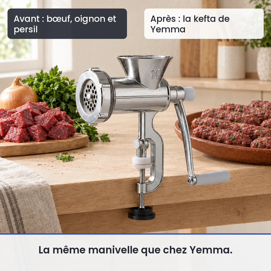 Avant/après avec le hachoir à viande manuel 3 en 1 : bœuf, oignon et persil, puis la kefta de Yemma