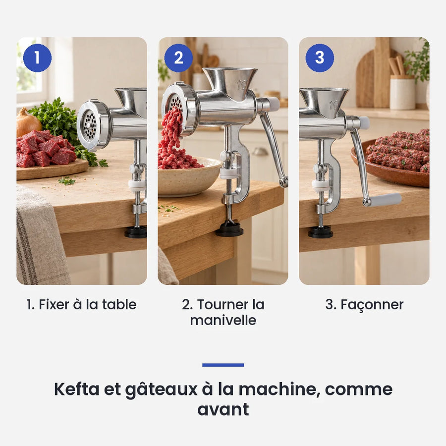 Comment utiliser le hachoir à viande manuel 3 en 1 en 3 étapes : fixer à la table, tourner la manivelle, façonner