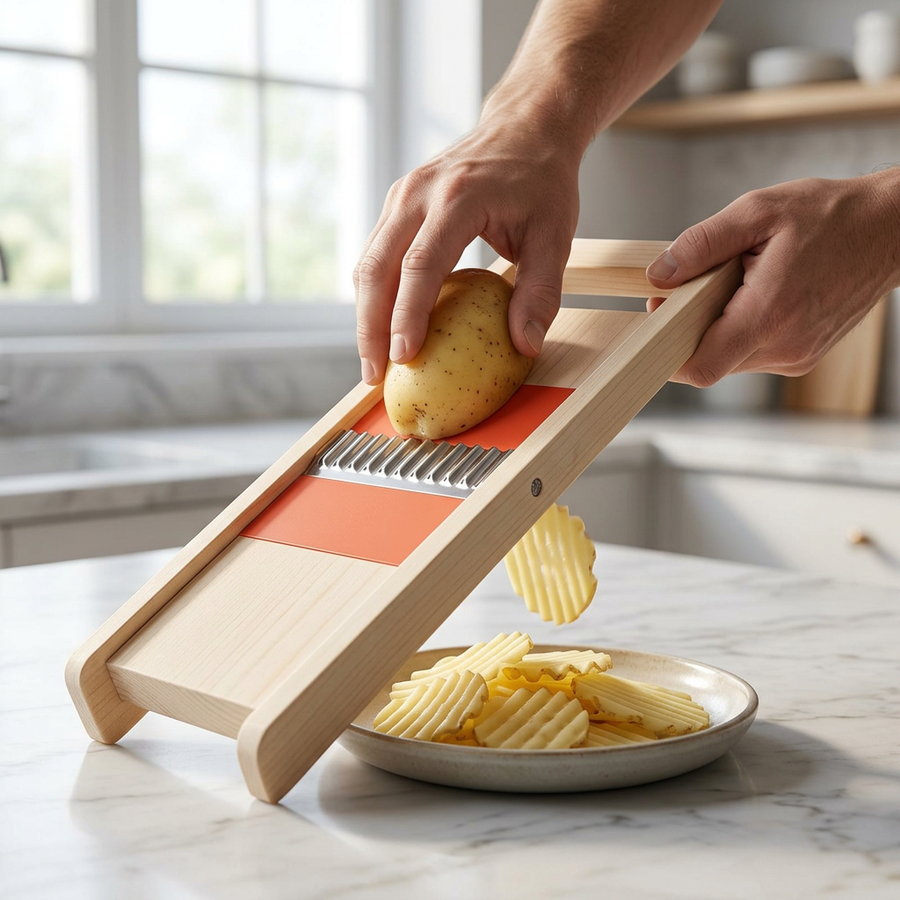 Râpe gaufrette à lame ondulée sur planche, en cours d'utilisation