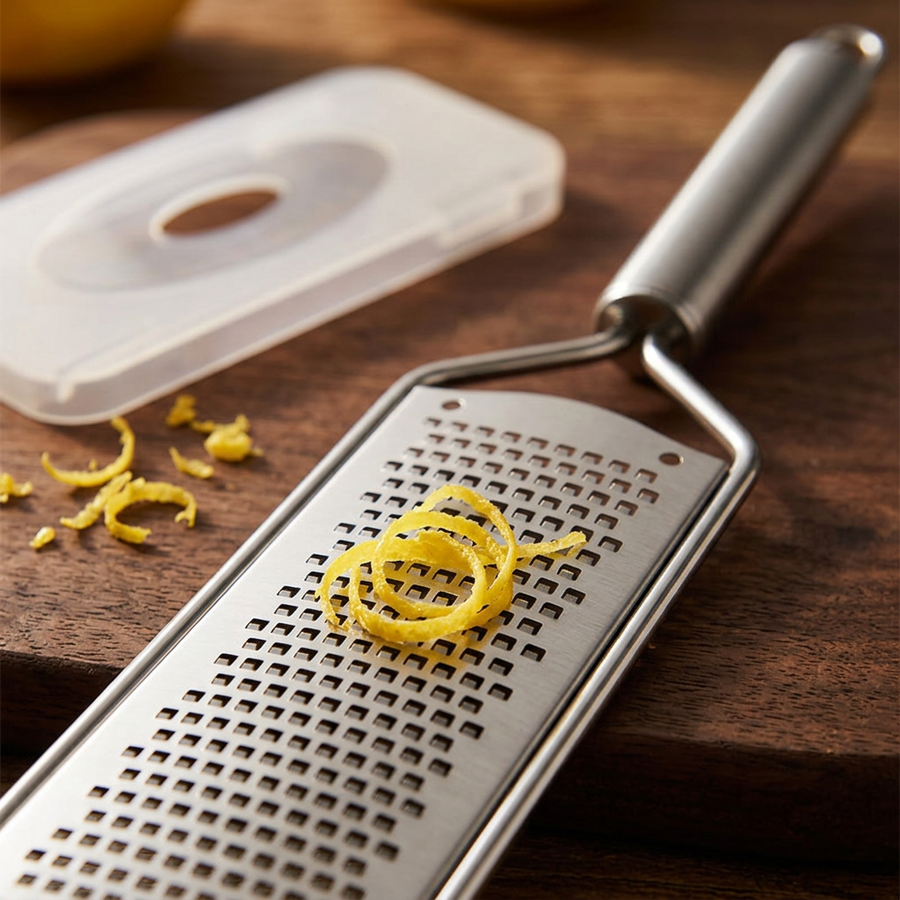 Râpe plate inox 304, poignée tube, gros plan sur les détails