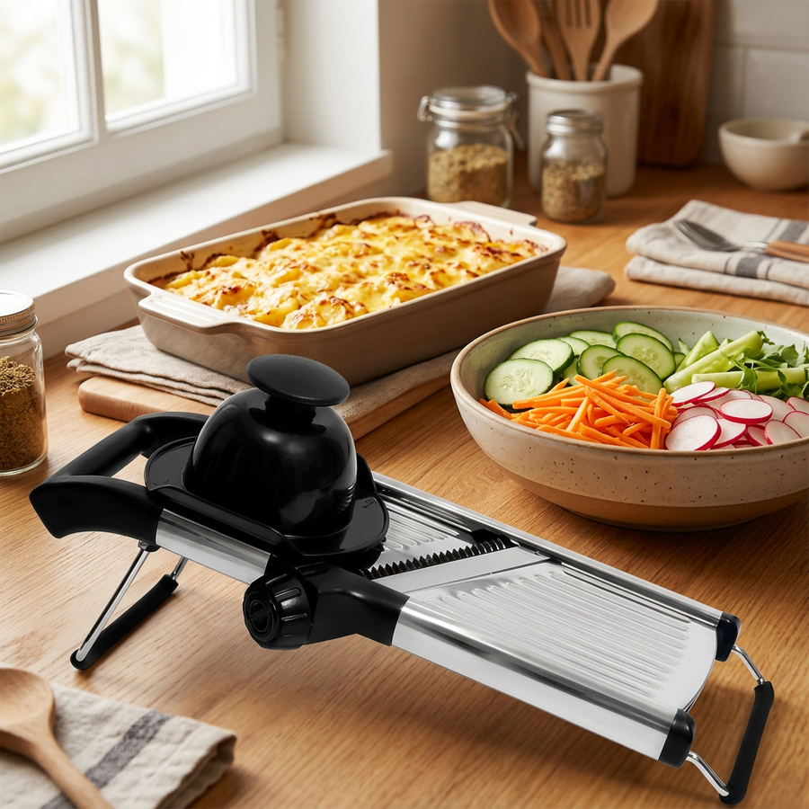 Mandoline professionnelle inox réglable 1 à 9 mm, en situation dans la cuisine