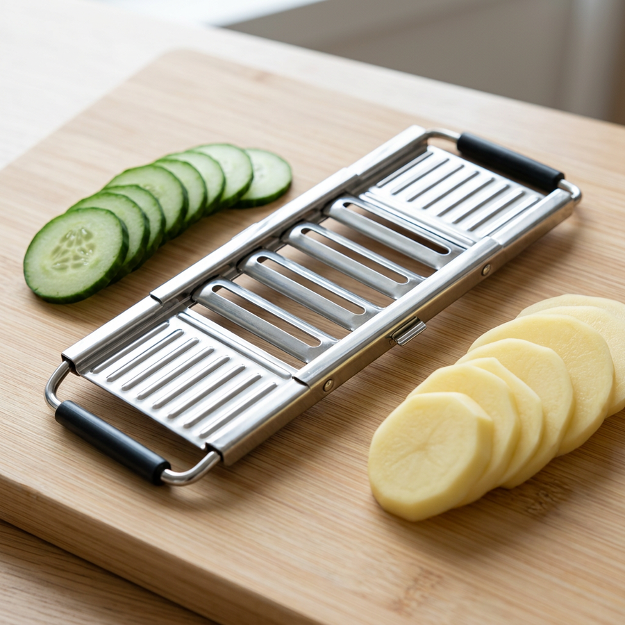 Mandoline râpe inox à plaques amovibles, résultat obtenu