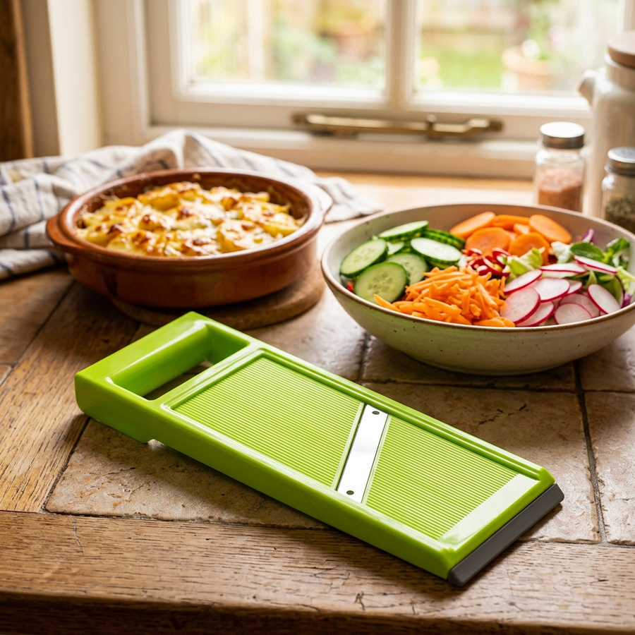 Mandoline droite compacte à lame inox, en situation dans la cuisine