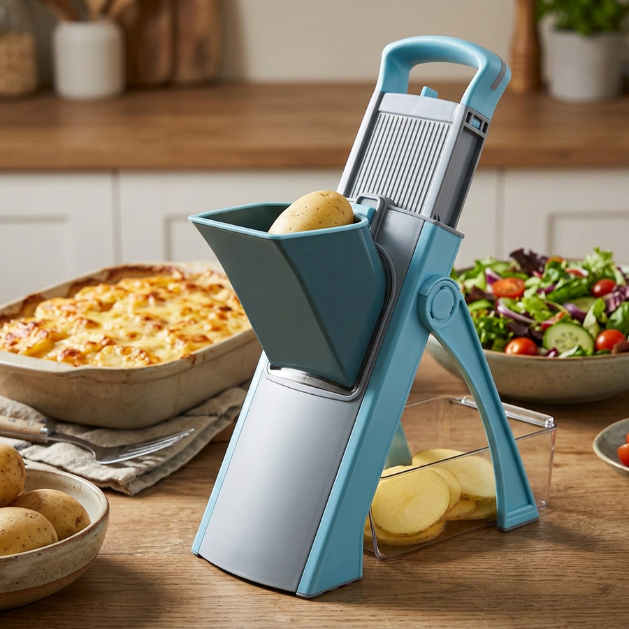 Mandoline verticale avec bac de récupération, en situation dans la cuisine