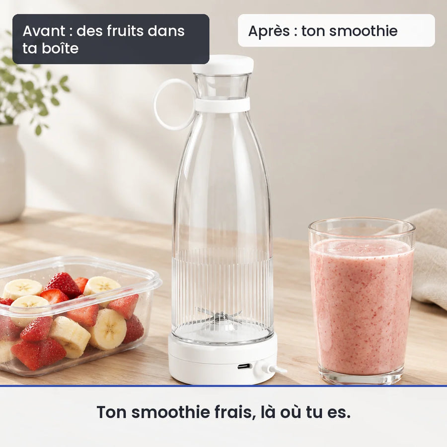 Avant/après avec le mini hachoir électrique blanc portable 6 lames : des fruits dans ta boîte, puis ton smoothie