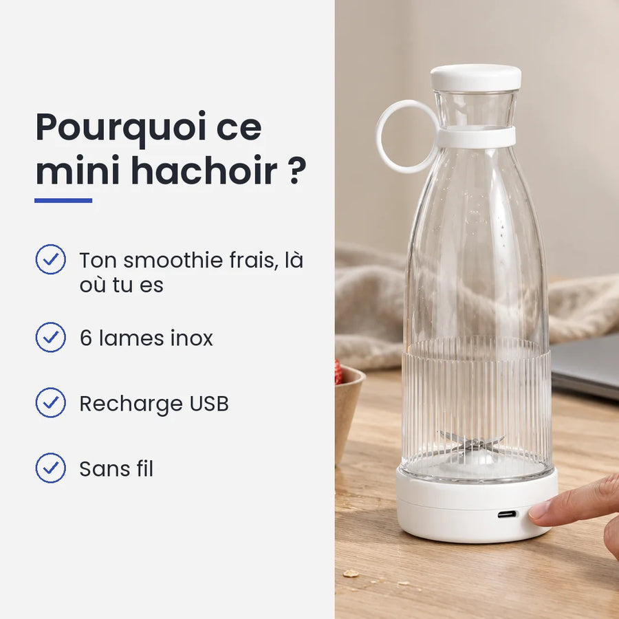 Pourquoi choisir ce mini hachoir : ton smoothie frais, là où tu es, 6 lames inox, recharge USB, sans fil