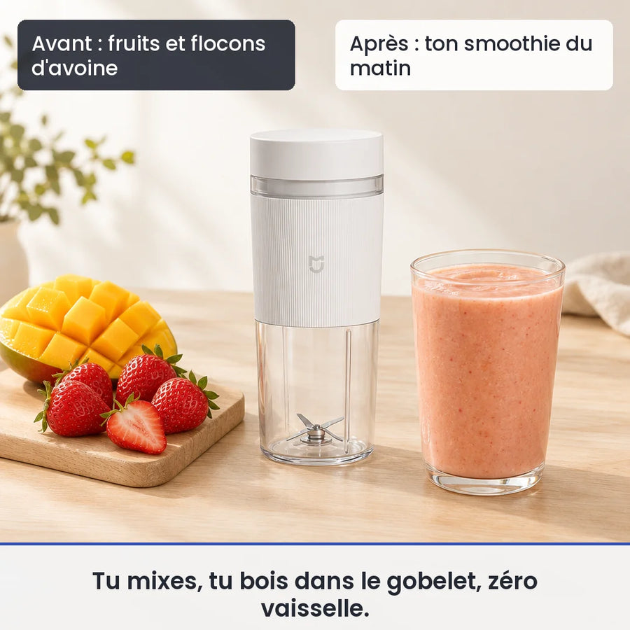 Avant/après avec le mini hachoir électrique portable MIJIA 300 ml : fruits et flocons d'avoine, puis ton smoothie du matin