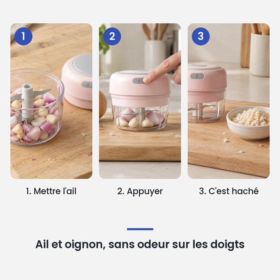 Comment utiliser le mini hachoir électrique rose 30W 100ml plastique en 3 étapes : mettre l'ail, appuyer, c'est haché