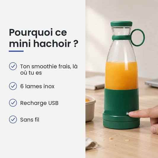 Pourquoi choisir ce mini hachoir : ton smoothie frais, là où tu es, 6 lames inox, recharge USB, sans fil
