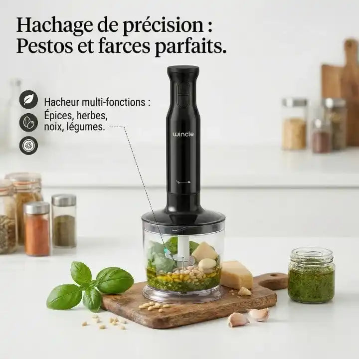 mixeur hachoir 600w hachant des épices de l'herbe des noix et des légumes