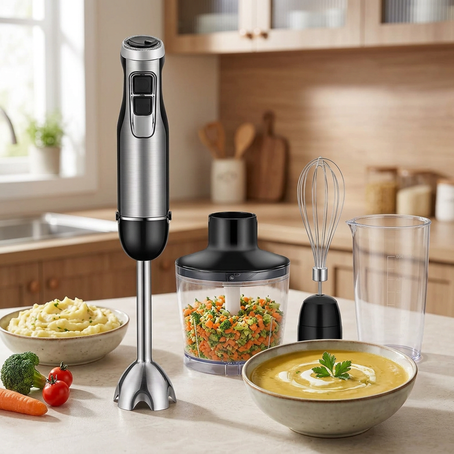 Hachoir mixeur plongeant 4 en 1 1200 W, en situation dans la cuisine