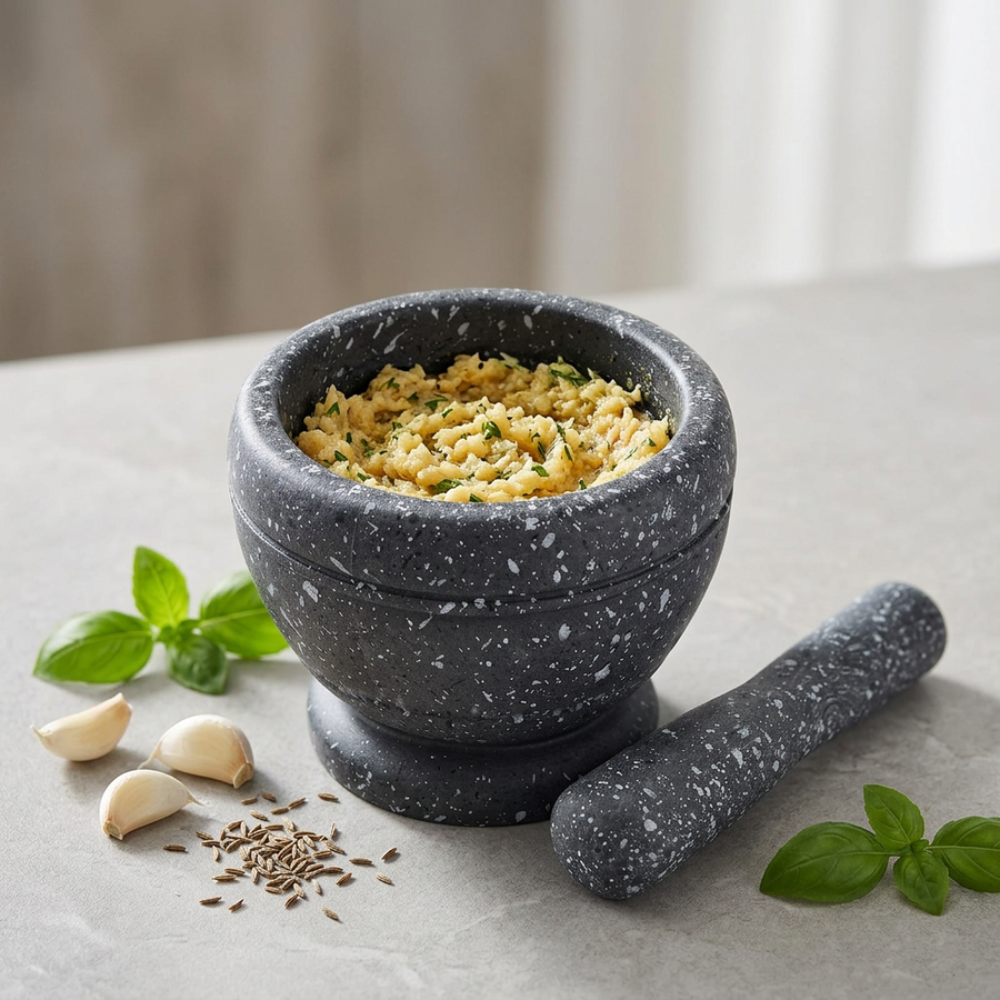 Mortier et pilon léger pour ail, herbes et épices, résultat obtenu