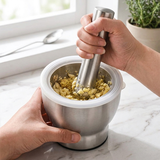 Mortier et pilon inox 304, base antidérapante, en cours d'utilisation