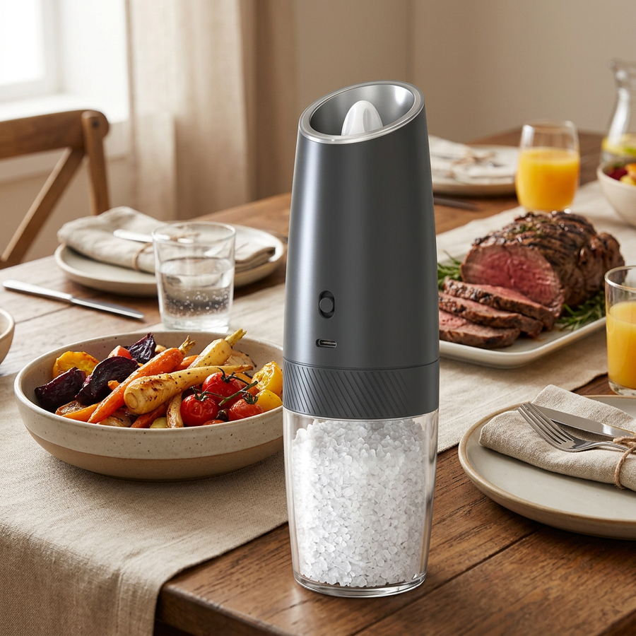 Moulin à sel électrique à gravité, rechargeable USB, en situation dans la cuisine