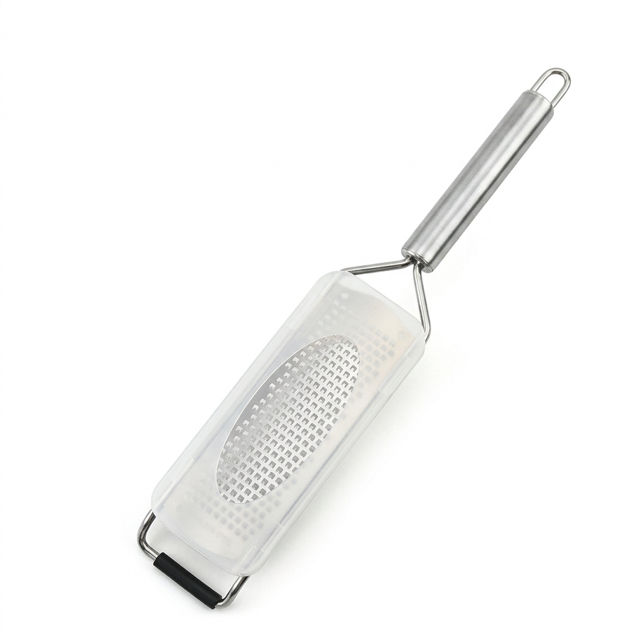 Râpe plate inox 304, poignée tube, vue produit sur fond blanc