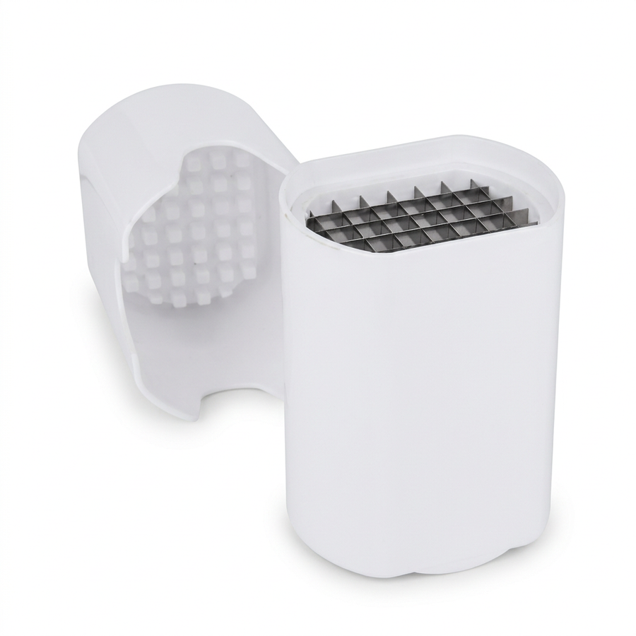 Coupe-frites à pousser, boîte blanche, vue produit sur fond blanc