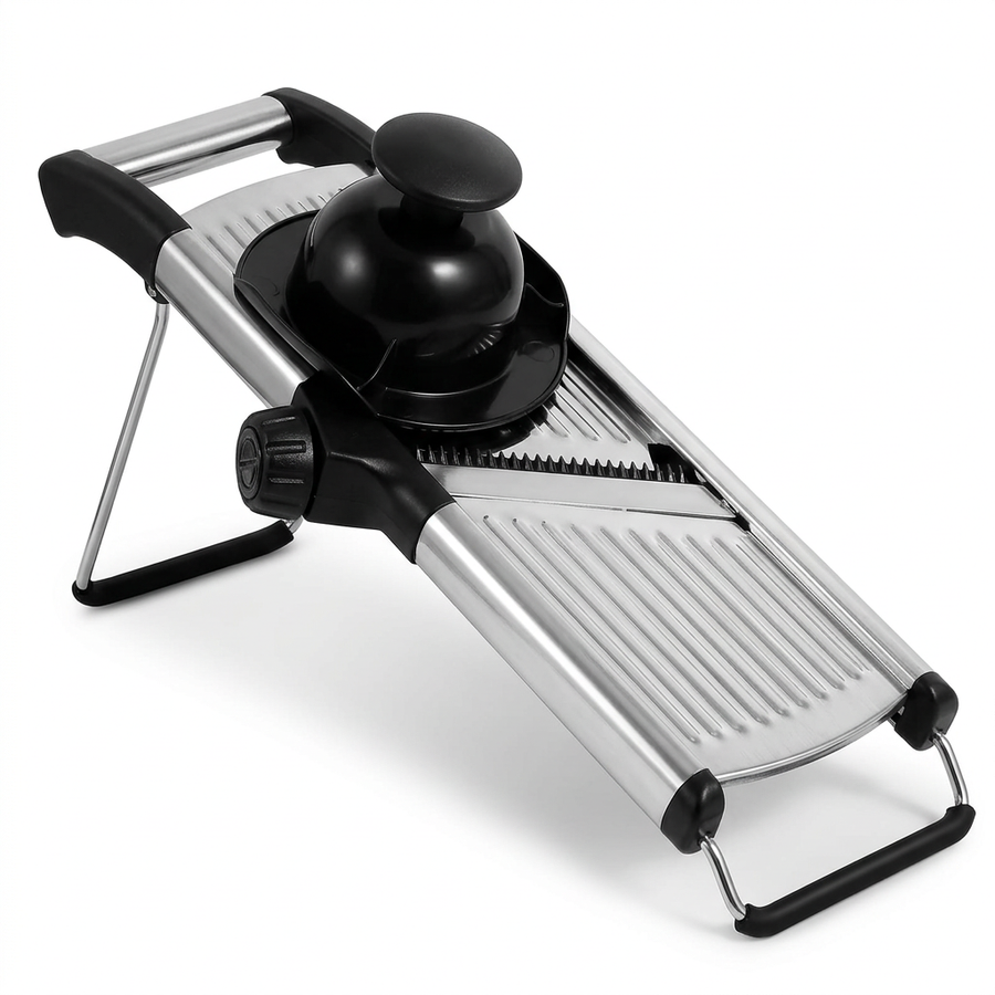 Mandoline professionnelle inox réglable 1 à 9 mm, vue produit sur fond blanc