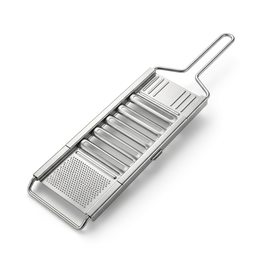 Mandoline râpe inox à 4 plaques amovibles, vue produit sur fond blanc