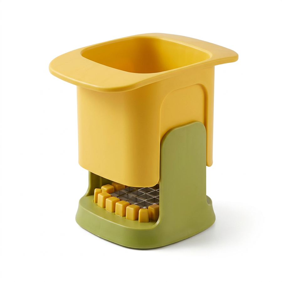 Coupe-frites et coupe-dés à pression 1,2 cm jaune et vert, vue produit sur fond blanc