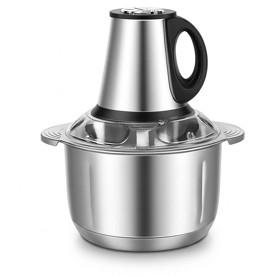 Hachoir électrique inox 5 L 500 W à poignée, 5 lames, vue produit sur fond blanc