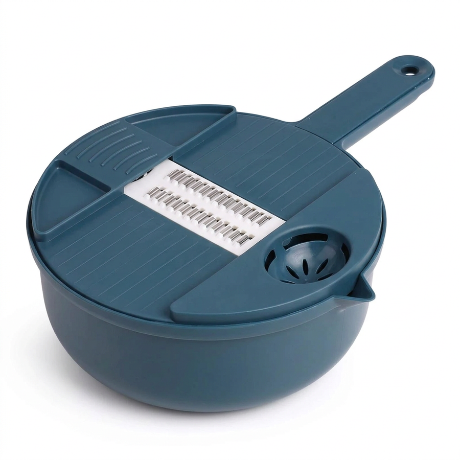Hachoir à légumes 9 en 1 bleu avec égouttoir, vue produit sur fond blanc