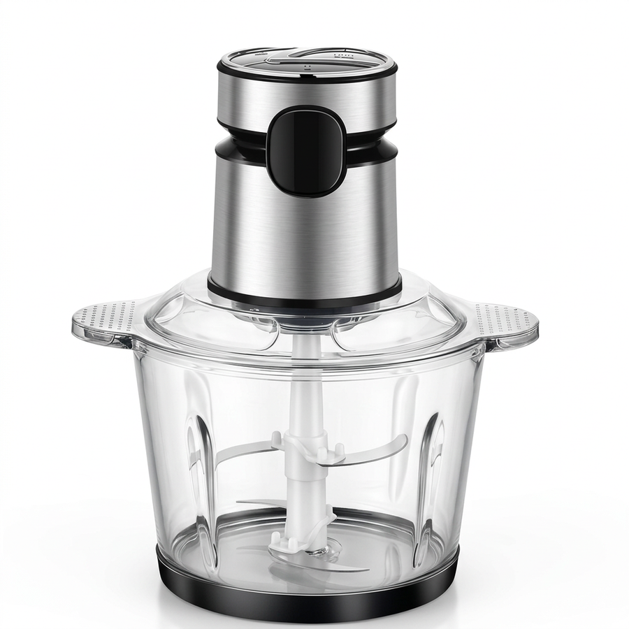 Hachoir électrique bol verre 2 L, 3 vitesses et minuterie, vue produit sur fond blanc