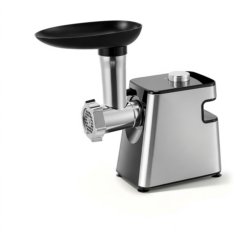 Hachoir à viande électrique 4 en 1 inox, tambours râpe et trancheuse, vue produit sur fond blanc