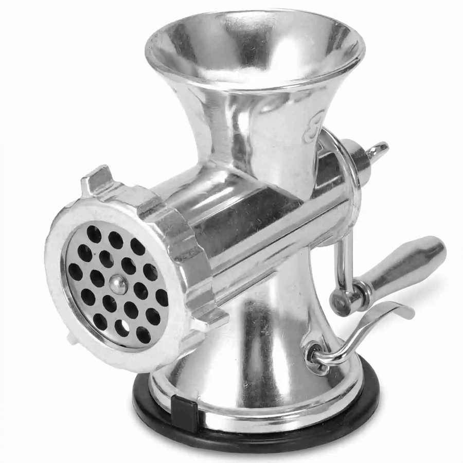 Hachoir à viande manuel aluminium à ventouse, vue produit sur fond blanc