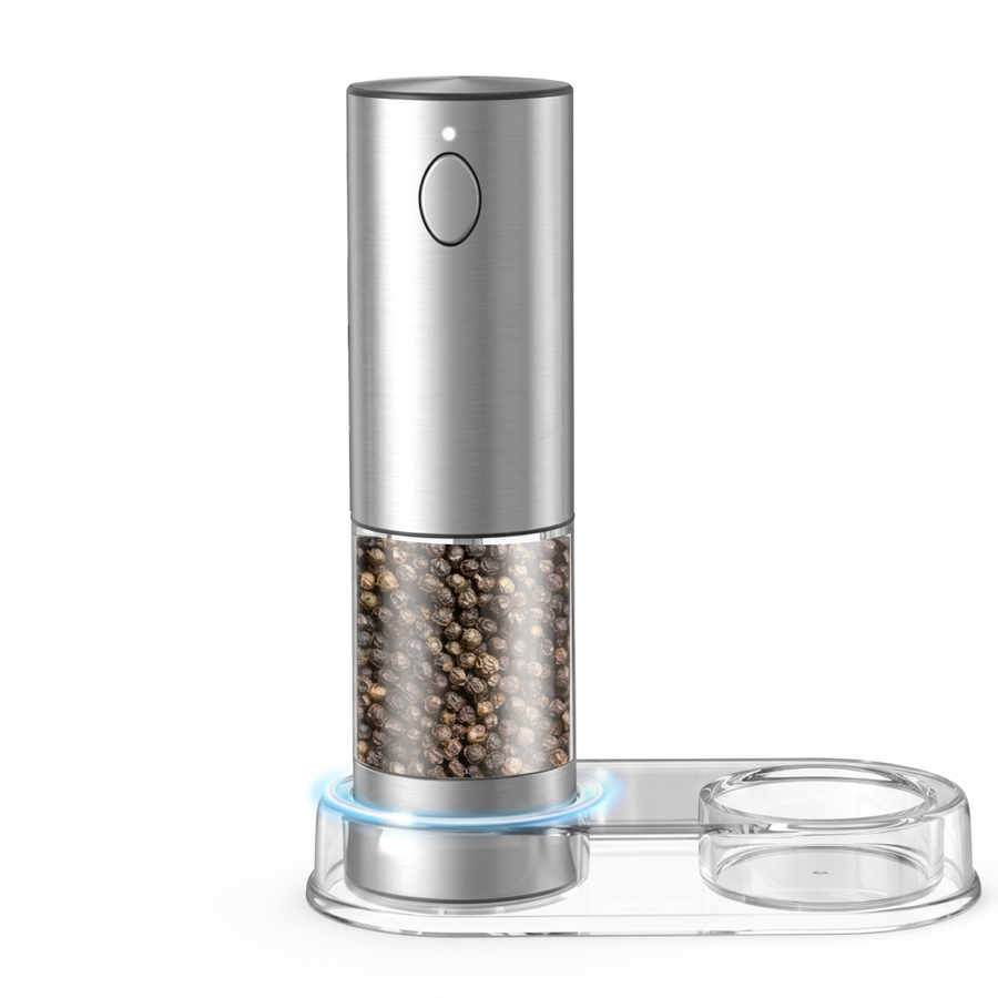 Moulin à poivre électrique inox, rechargeable avec socle, vue produit sur fond blanc
