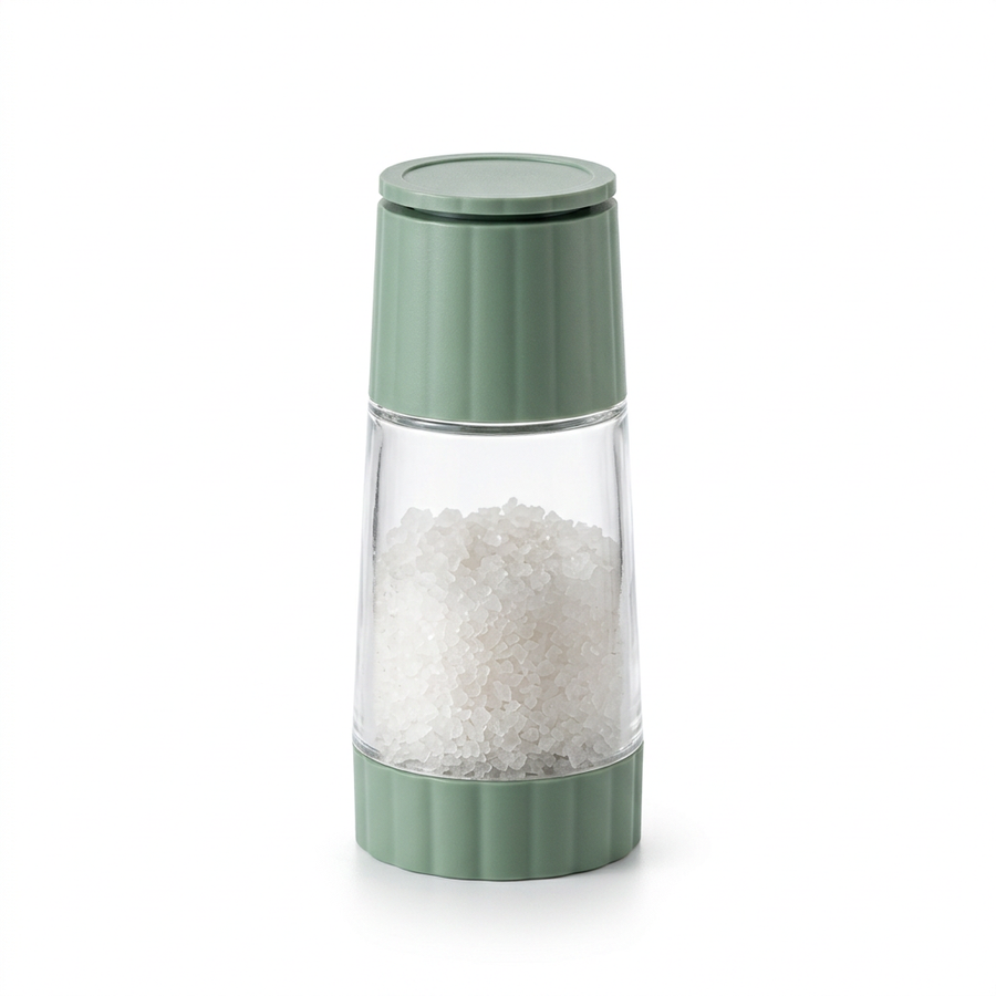 Moulin à sel rotatif, pot en verre et capot vert, vue produit sur fond blanc