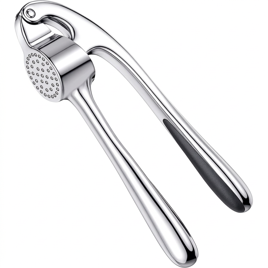 Hachoir presse-ail à levier zinc et inox, vue produit sur fond blanc
