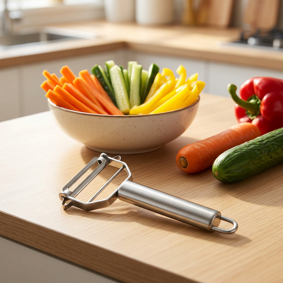 Éplucheur-julienne inox 4 en 1, en situation dans la cuisine