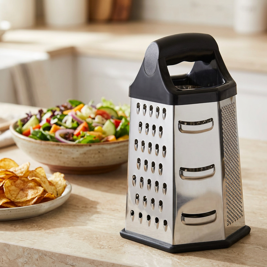 Râpe inox professionnelle 6 faces, en situation dans la cuisine