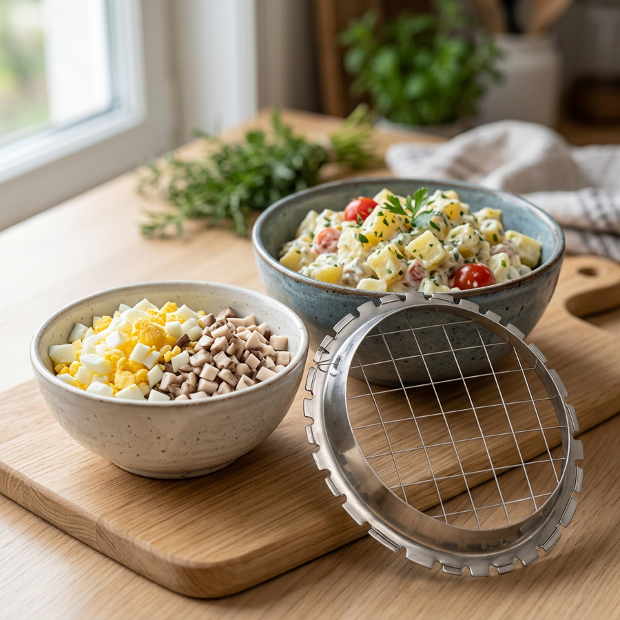 Grille ronde inox coupe-dés pour œufs et champignons, résultat obtenu