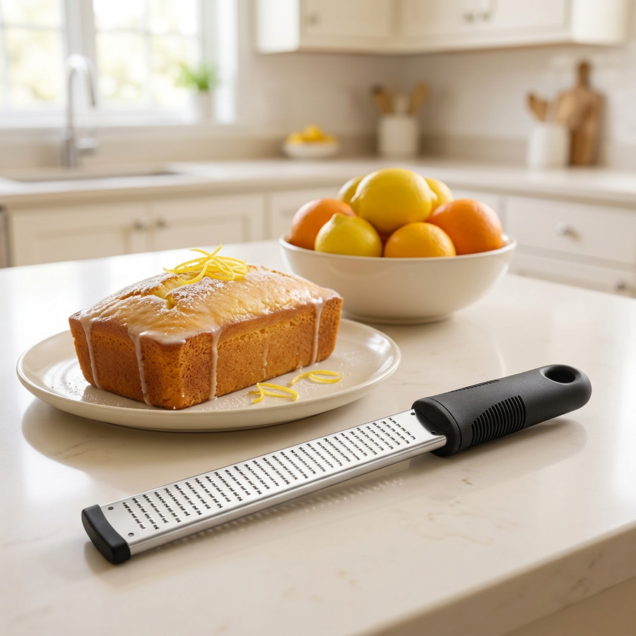 Zesteur long inox pour agrumes, fromage et gingembre, en situation dans la cuisine