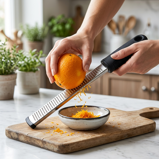 Zesteur long inox pour agrumes, fromage et gingembre, en cours d'utilisation