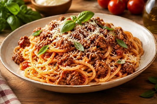 Assiette de spaghetti à la bolognaise maison avec parmesan râpé et basilic