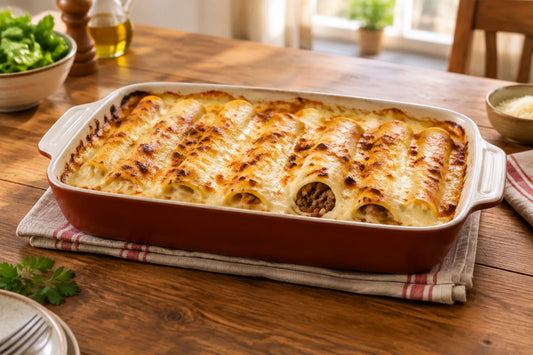 Cannelloni à la viande hachée gratinés à la béchamel dans un plat en céramique
