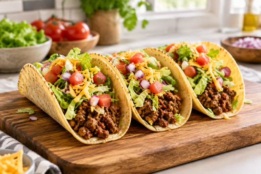 Trois tacos à la viande hachée garnis de salade, tomate et fromage sur une planche en bois