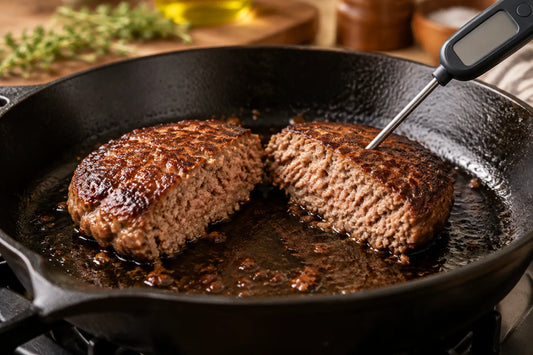 Steak haché coupé en deux dans une poêle en fonte avec un thermomètre de cuisine pour contrôler la cuisson