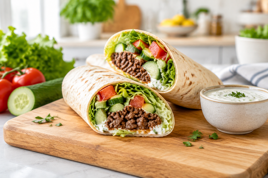 Deux wraps à la viande hachée coupés en biais avec une sauce au yaourt