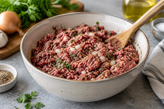 Bol de farce à la viande hachée mélangée à l'oignon, au persil et aux épices avec une cuillère en bois