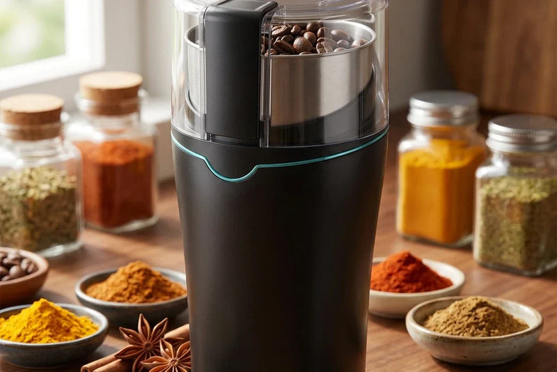 Un moulin à épices électrique noir à bol inox sur un plan de travail en bois, entouré de bocaux et de coupelles d'épices en poudre, de bâtons de cannelle et d'étoiles de badiane