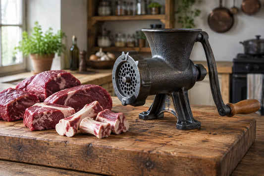Hachoir à viande manuel en fonte posé sur une planche en bois avec de gros morceaux de viande et des os de bœuf