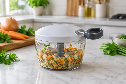 Hachoir manuel à ficelle compact avec des oignons, des carottes et des herbes hachés dans son bol transparent